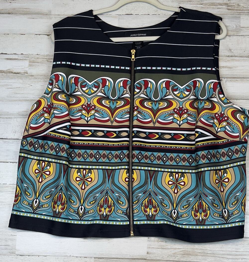 Ashley Stewart Boho Colorful Zip Front Sleeveless Top Womens Plus Size 22 24